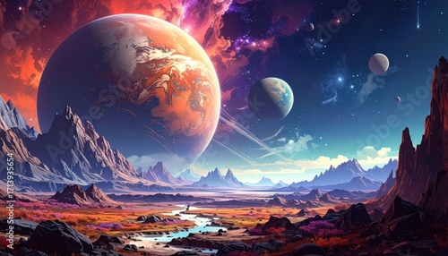 A vast, otherworldly landscape showcases a serene river winding through a colorful, mountainous terrain, under a vibrant, starlit sky with celestial bodies.