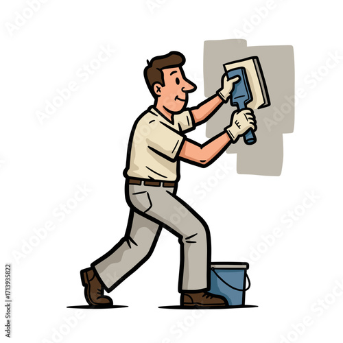 Man applying Venetian plaster to wall while standing next to bucket  
