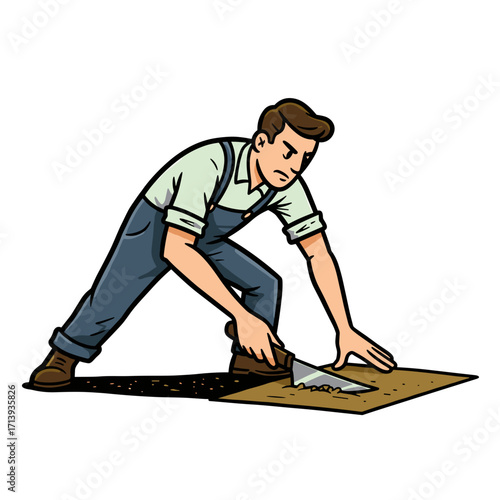 Man cutting linoleum flooring with knife in indoor workspace  