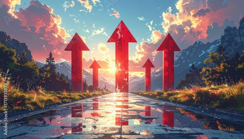 A scenic pathway leads upward, marked by three large, red arrows against a vibrant sunset backdrop.