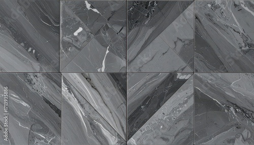 A patterned design of interlocking, gray stone tiles creates a sophisticated and modern flooring or wall covering.