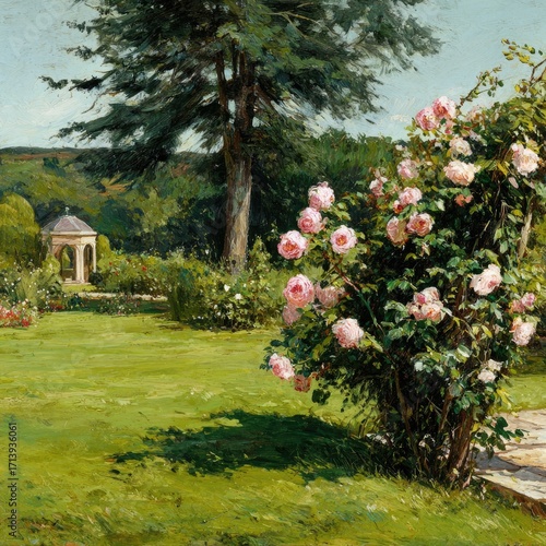 Rosary garden, gazebo, lush greenery