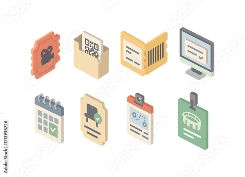 Event, ticketing 3d icon set for planning and qr code management