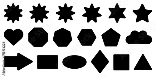 Rounded corner shapes. Vector square, rectangle, hexagon, diamond geometric icons. Organic fun starburst arrow, squircle block infographic clipart. discount label card, free sticker, blob price tag.