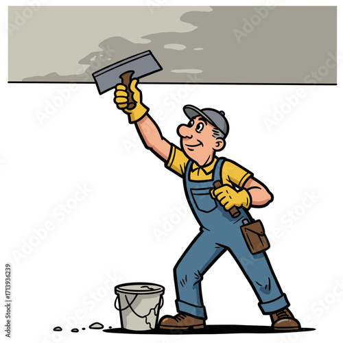 Smiling plasterer applying finishing coat on ceiling with trowel  