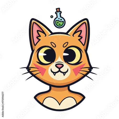 Whimsical Potion Cat: A playful cartoon illustration features a charming cat with an inquisitive expression, adorned with a bubbling potion above its head.