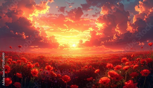 A vast field of vibrant red poppies stretches out beneath a dramatic fiery sunset.