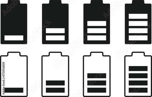 Battery icon set. Charge indicator. Energy power accumulator. Battery charging level
