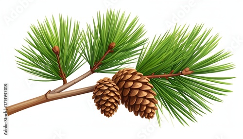 A clean, realistic vector illustration of a short pine branch with dense, deep-green needles and two brown pinecones