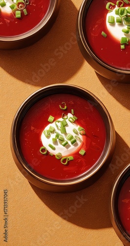Three small bowls of vibrant red soup, topped with dollops of white cream and green onions