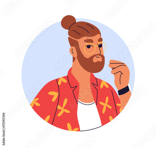 Man, face portrait in circle. Bearded male in glasses, young modern person with bellissimo hand sign gesture, round avatar. Hipster with hair bun. Flat vector illustration isolated on white background