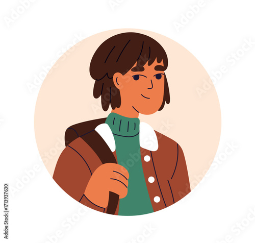 Young Asian man, head portrait. Modern style smiling student with bag, backpack in casual urban clothing, male face avatar in circle. Flat graphic vector illustration isolated on white background