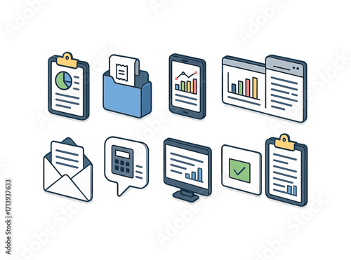 Business and finance flat icon set. office, communication, data analysis flat collection