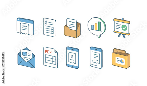 Finance and business filled icon set. invoice, pdf, mobile, email, graph icons collection