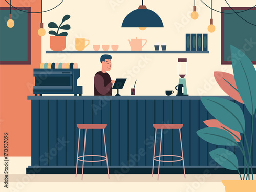Male barista at the bar counter in a modern coffee shop. Flat vector illustration