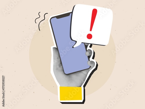 Black and white hand holding ringing phone with exclamation mark notification on screen. Concept of fraudulent phone calls and messages. Modern collage style. Vector illustration