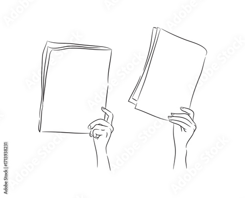 Black line drawing of a woman's hand holding a paper.