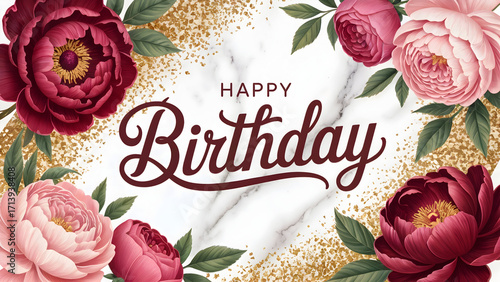 Fototapeta Naklejka Na Ścianę i Meble -  Elegant floral birthday card, Pink peonies on marbled surface with gold confetti wishes 