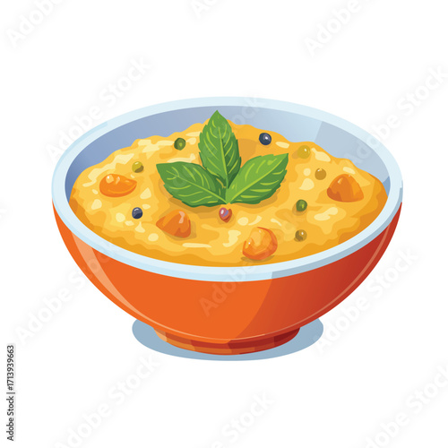 Vector illustration of a bowl of creamy soup with vegetables and fresh herbs. Tasty homemade food concept with bright colors, healthy meal design, and appetizing traditional dish.