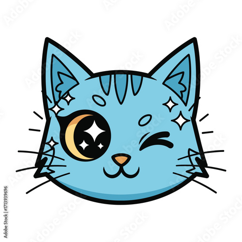 Stargazer Kitten: A whimsical illustration presents a winking kitten adorned with celestial elements, exuding charm and playfulness, a perfect embodiment of feline fantasy.