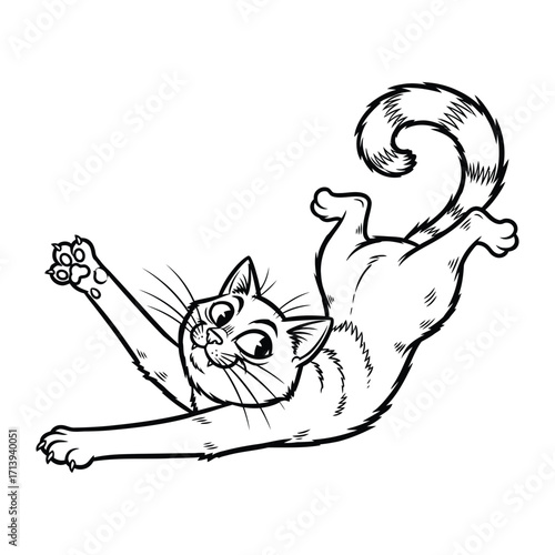 Playful Cat in Animated Pose: A whimsical illustration of a cute cat, captured mid-air, exhibiting animated expressions and dynamic movement, it's a vibrant portrayal of feline energy and playfulness.