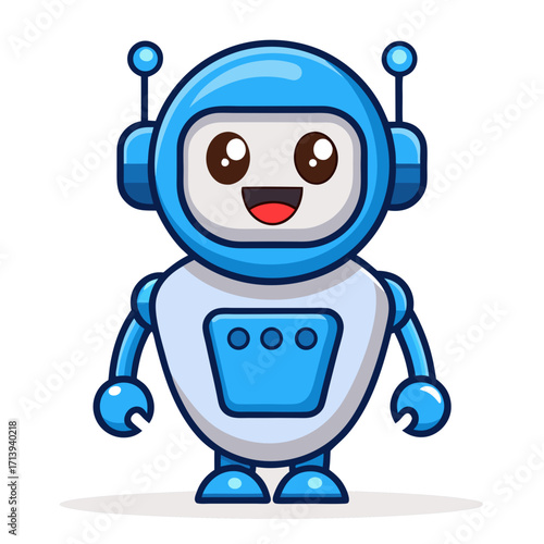 Cute blue robot with big eyes and happy smile A cute robot character surrounded by icons representing technology, data, and growth, set against a purple background.
