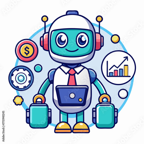 Cute business robot with laptop and briefcases A cute blue robot wearing headphones works on a laptop surrounded by icons representing email, goals, and data analytics.
