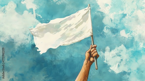 Surrender Under the Sky: A defiant arm extends towards the heavens, waving a pure white flag against a backdrop of vast clouds, embodying the act of surrender.