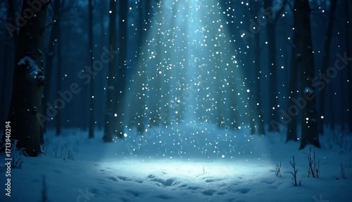 Enchanted Forest Snowfall with Glowing Particles in Night Scene
