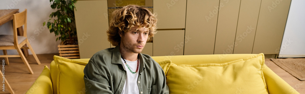 Obraz premium Handsome man relaxing on bright yellow couch in cozy modern living room setting