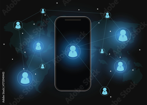 Global network and social media connection concept. People connecting worldwide through smartphone and internet technology.