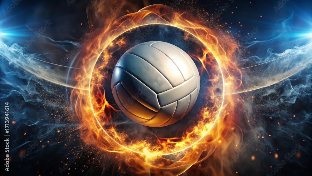 Naklejka premium Fiery Volleyball Encircled by Blazing Inferno, a Dramatic Sport Image Representing Intense Competition and Unwavering Passion