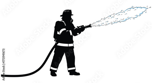 Silhouette of a firefighter actively spraying water from a hose