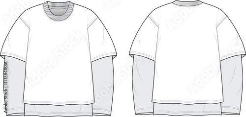 layered t-shirt fashion flat sketch. long sleeve undershirt vector template. front and back t shirt technical drawing