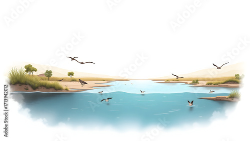 Ecology A section of river estuary with mudflats and wading birds, scene isolated on a white background, for estuarine ecosystem visuals, biodiversity(2)