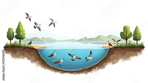 Ecology A section of river estuary with mudflats and wading birds, scene isolated on a white background, for estuarine ecosystem visuals, biodiversity(1)