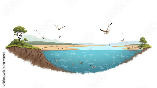 Ecology A section of river estuary with mudflats and wading birds, scene isolated on a white background, for estuarine ecosystem visuals, biodiversity(4)