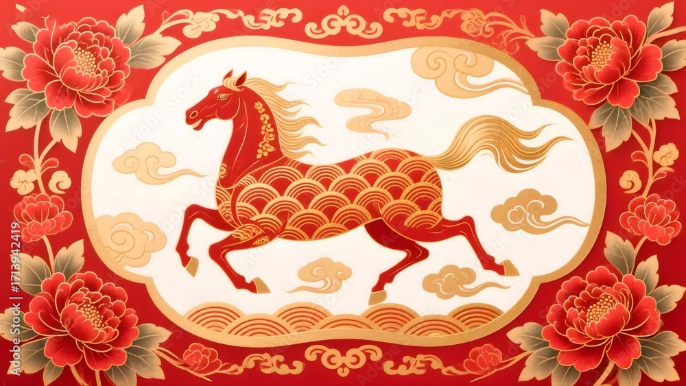 Obraz premium 赤い馬と牡丹の装飾的な中国風イラスト