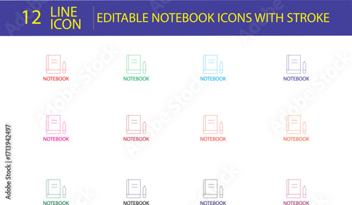 Minimal notebook line icons with strokes, suitable for study, school, office, notes, education, and stationery-related projects.