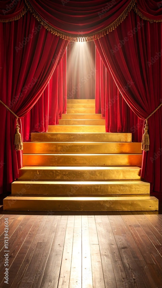Fototapeta premium Golden stairs under red curtains