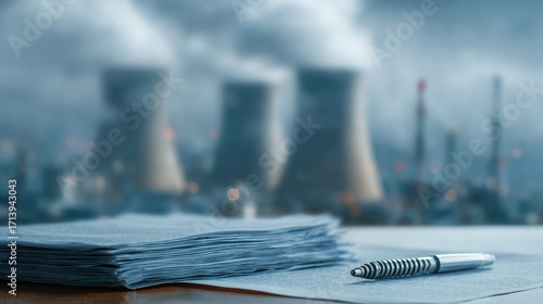 Beautiful photo of realistic photo of Clean Air Act compliance documentation, highlighting the measures taken by industries to align with air quality regulations and reduce.