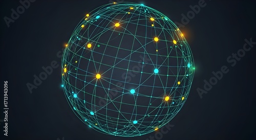 A sleek vector flat illustration of a glowing digital global network on a dark background. Interconnected lines and bright nodes form a stylized globe or grid, representing worldwide connectivity, 