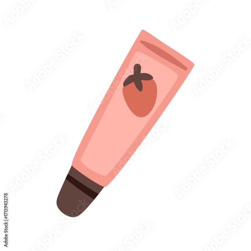 Lip gloss, care balm. Strawberry flavored lipgloss. Cosmetic product for beauty, makeup. Sweet fruit moisturizing accessory in tube package. Flat vector illustration isolated on white background