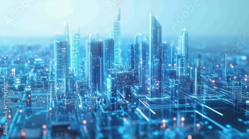 A futuristic city glows with blue light, featuring interconnected lines and tall buildings