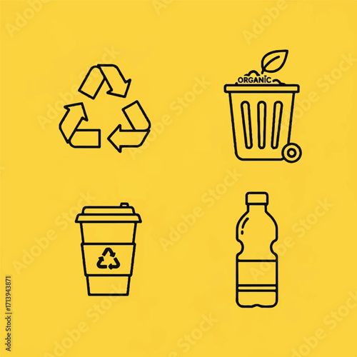 Line icons of recycling symbol, compost bin with leaf, recyclable coffee cup, and plastic bottle on yellow background.
