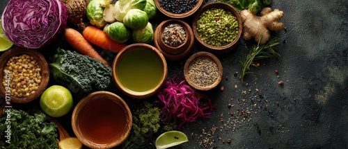 Vibrant Array of Fresh Vegetables, Spices, and Juices on Dark Surface.