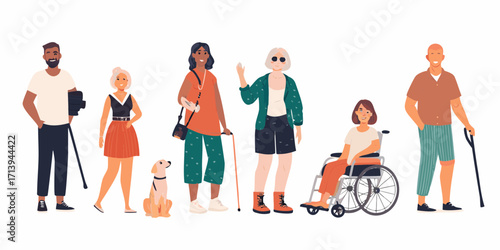 Diverse group of people with disabilities and a service dog standing together