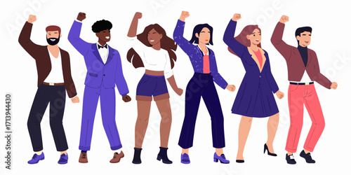 Diverse group of people raising their fists in unity and celebration against a white background