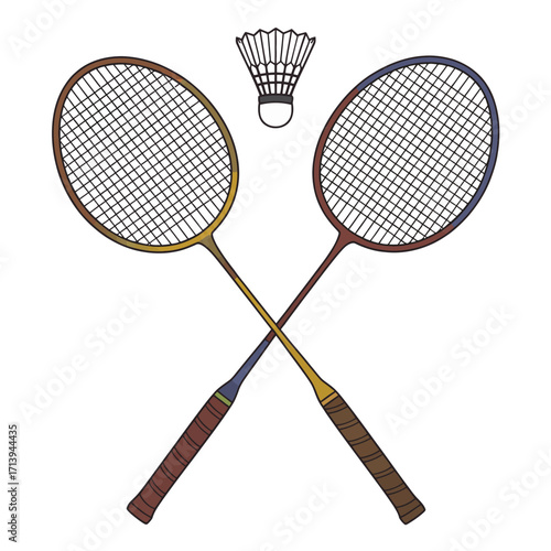 Vintage sports equipment for racket games, with tennis, badminton, and racquetball rackets and balls illustrated as a vector silhouette on a court
