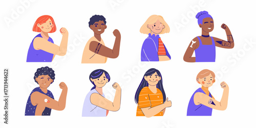 Diverse group of people flexing their arms showing strength and resilience with vaccination band aids and tattoos